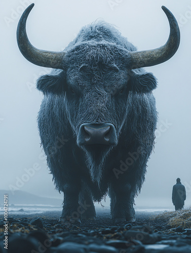  Surreal scene of a massive, fur-covered bull standing near a misty shoreline with a lone figure, creating a dramatic and tranquil atmosphere in a foggy landscape. photo