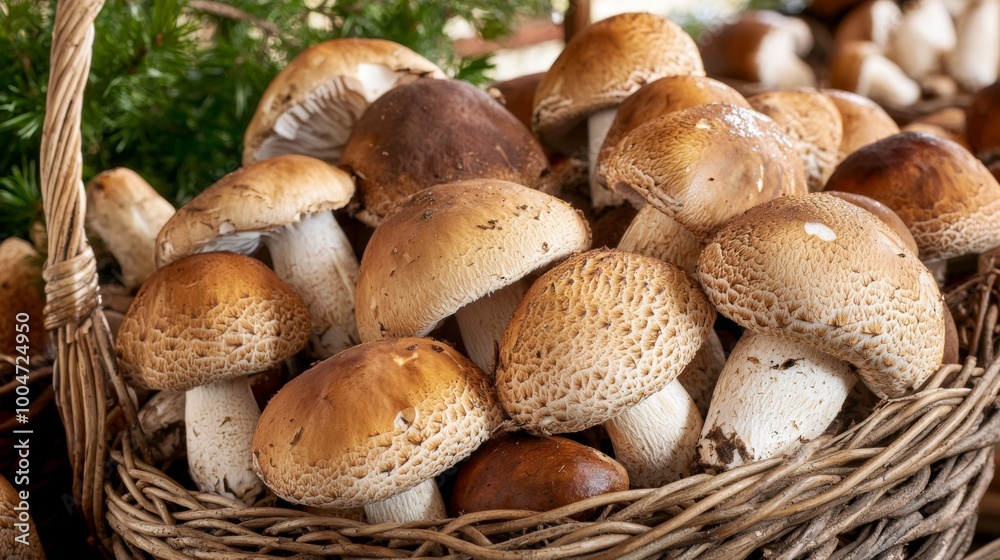 Freshly foraged wild mushrooms in a basket. Rustic wicker basket filled freshly harvested mushrooms Freshly foraged wild mushrooms in a basket. Rustic wicker basket filled freshly harvested mushrooms