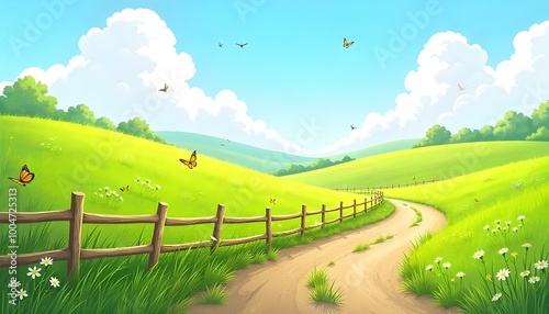 Vector sketch Green grass field on small hills. Meadow, alkali, lye, grassland, pommel, lea, pasturage, farm. Rural scenery landscape panorama of countryside pastures. illustration