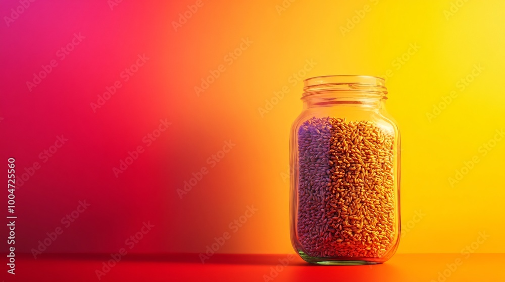 Golden wheat grains in a glass jar, set against a bright neon red and yellow background Golden wheat grains in a glass jar, set against a bright neon red and yellow background