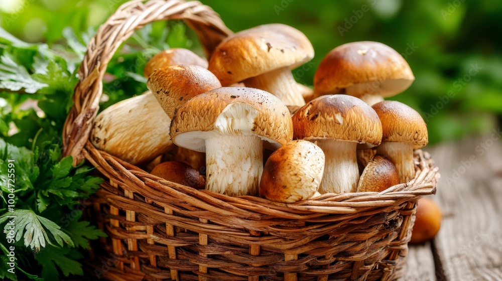 Freshly foraged wild mushrooms in a basket. Rustic wicker basket filled freshly harvested mushrooms Freshly foraged wild mushrooms in a basket. Rustic wicker basket filled freshly harvested mushrooms
