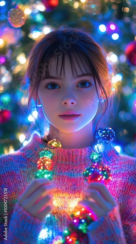 Young Girl Holding Christmas Lights in Front of Holiday Tree