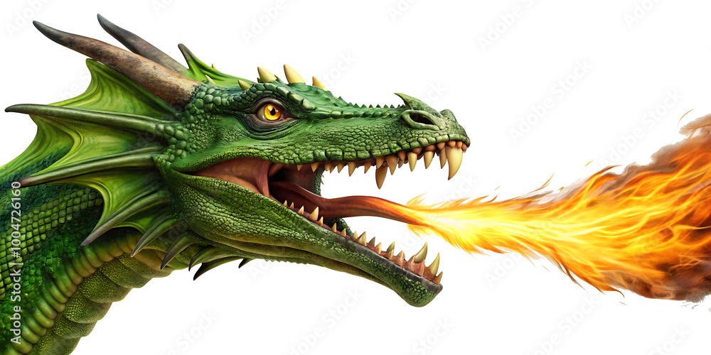 Fototapeta premium Side view dragon head spitting fire isolated on a white background.AI GENERATED