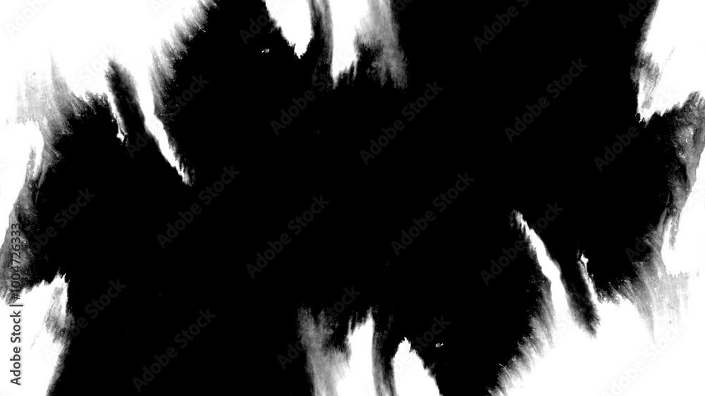 Black ink rorschach effect abstract background artistic flow from right splatter spots spills beautiful reveal dripping streaks spread fluid ink alpha matte isolated watercolor ink drops transition