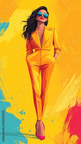 Chic Woman in Vibrant Yellow Suit and Sunglasses Against a Colorful Abstract Background photo