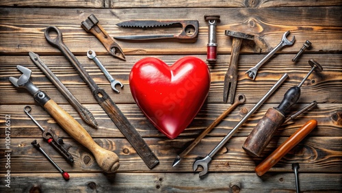 A beautiful red heart is placed against a rustic wooden background, surrounded by worn-out tools, symbolizing a man's hard work and love for his craft. photo