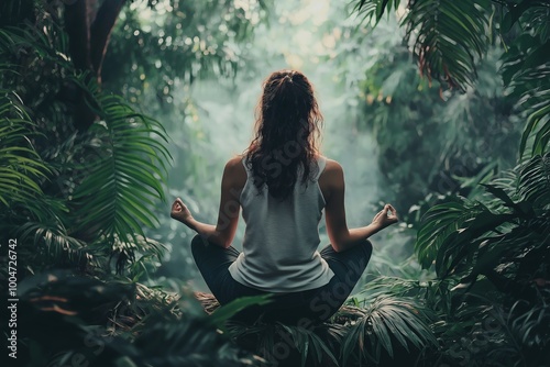 In a lush jungle, a woman practices meditation, surrounded by vibrant foliage and a tranquil atmosphere. photo