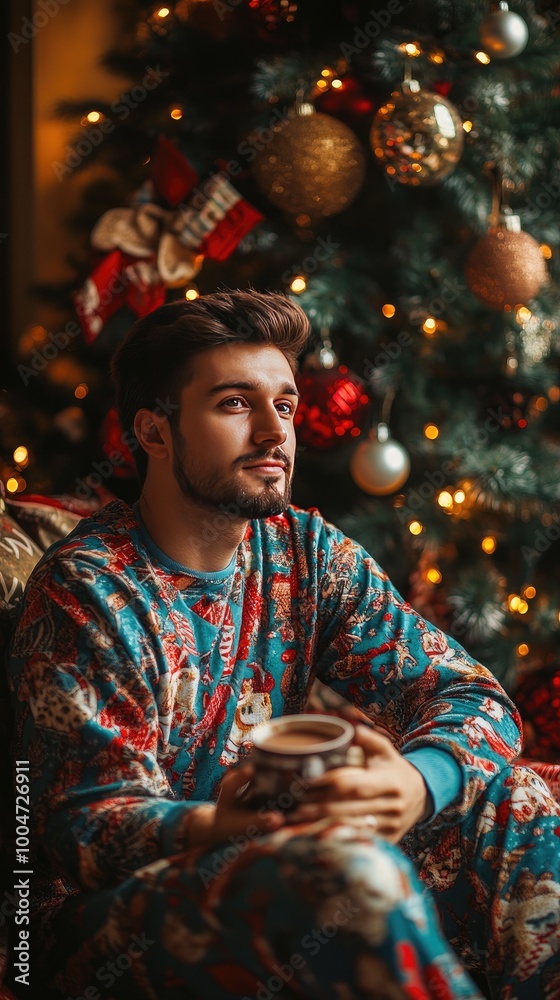Young Man Reflecting by Christmas Tree in Festive Pajamas with Hot Chocolate Young Man Reflecting by Christmas Tree in Festive Pajamas with Hot Chocolate