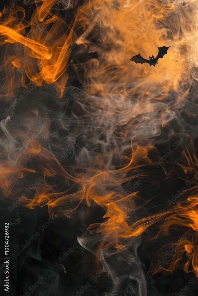 Fototapeta premium Halloween Abstract Background with Swirling Mist, Bats, and Ghostly Faces in Black and Orange Hues