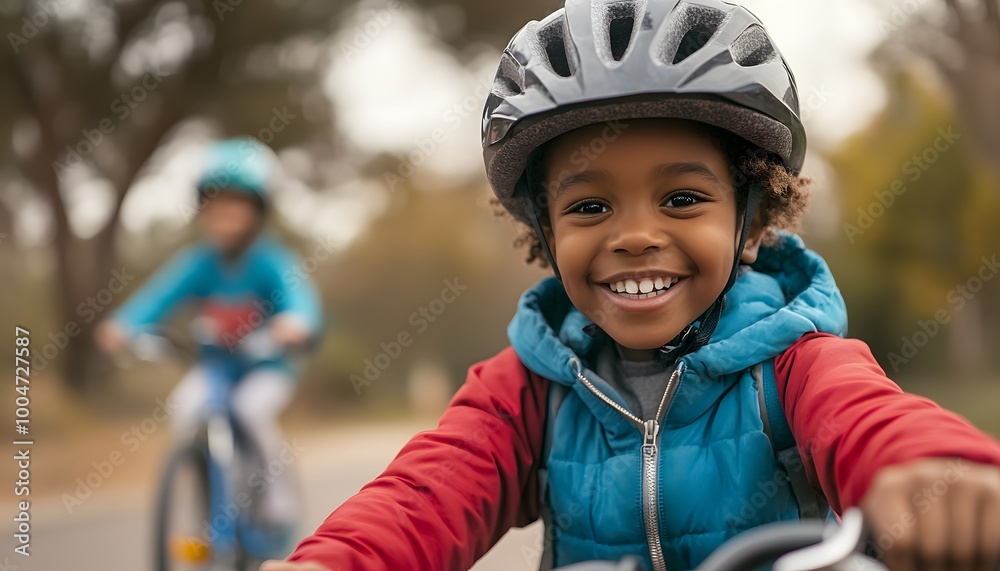 A happy child wearing a helmet rides a bicycle on a scenic path, showcasing joy and outdoor activity in a beautiful setting. A happy child wearing a helmet rides a bicycle on a scenic path, showcasing joy and outdoor activity in a beautiful setting.
