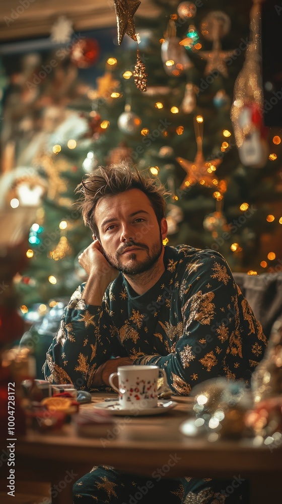 Pensive Man in Festive Sweater by Christmas Tree with Holiday Decorations and Hot Cocoa Pensive Man in Festive Sweater by Christmas Tree with Holiday Decorations and Hot Cocoa