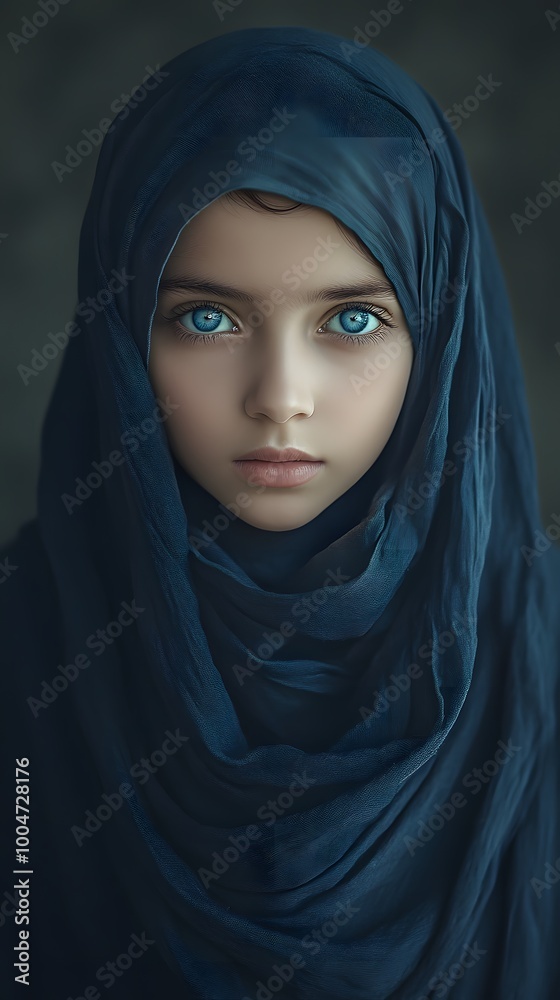 Naklejka premium A young Middle Eastern girl with blue eyes wearing a hijab