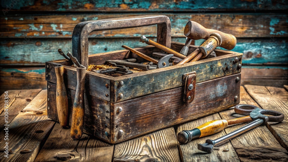 Fototapeta premium Rustic vintage metal toolbox with worn wooden handle and old tools scattered around on a distressed wooden workbench with peeling paint and rusty nails.