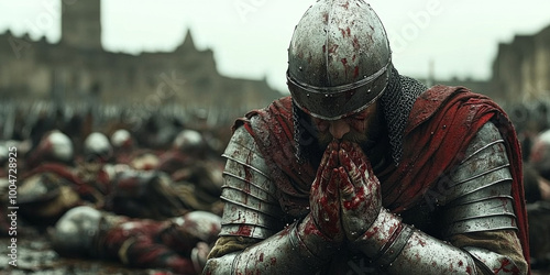 A knight in full armor, with his hands clasped together and head bowed to the ground on an old battlefield where fallen soldiers lie scattered around him.