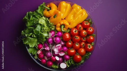 A colorful raw vegetable platter with bell peppers, cherry tomatoes, and radishes, set against a deep purple background photo