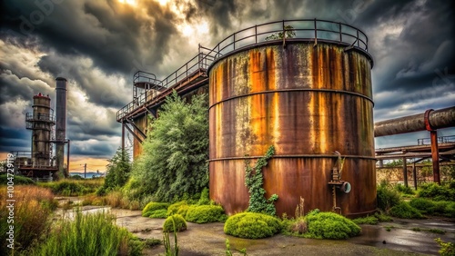 Rusted metal oil tank stands alone in a deserted industrial area surrounded by worn pipes and overgrown with weeds under a gloomy sky. photo