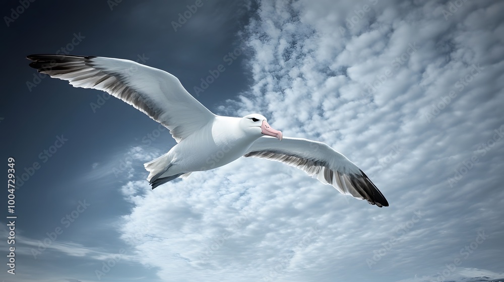Obraz premium Wandering Albatross Bird Flying in Nature under Blue Sky, Photo Realistic, Wallpaper, Cover and Screen for Smartphone, PC, Laptop, 9:16 and 16:9 Format