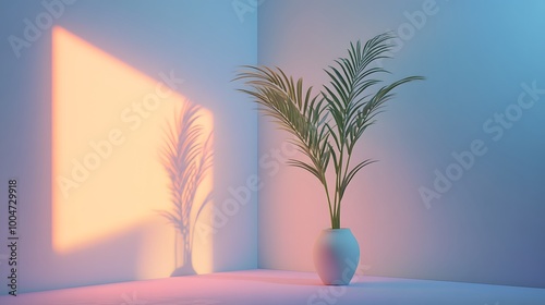 Tropical plant in blue vase with warm lighting