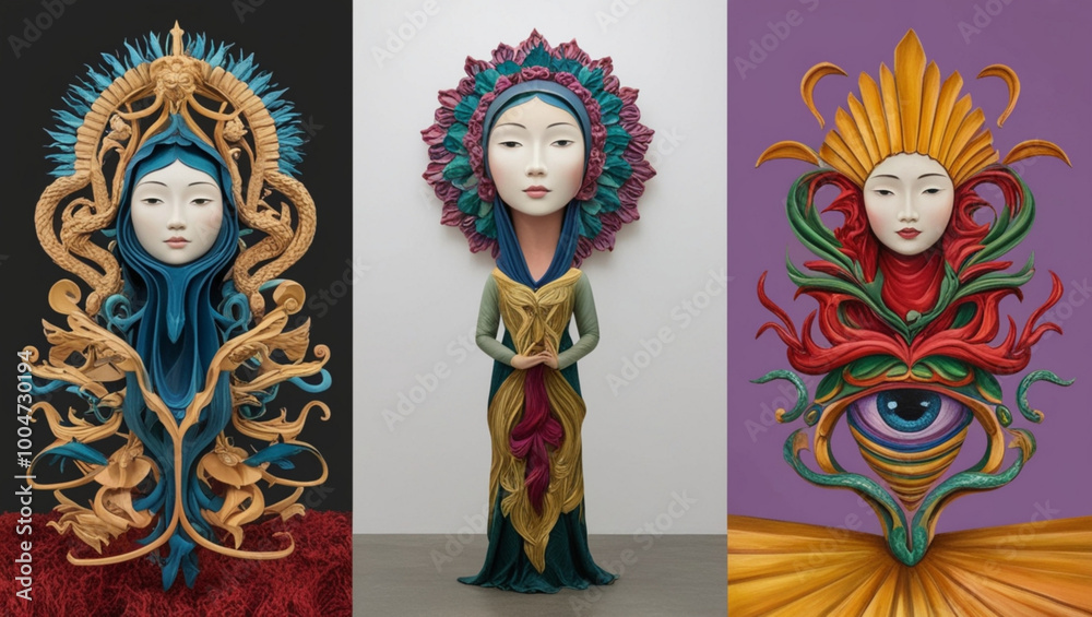 Fototapeta premium Three artistic statues in the shape of female faces with a unique and symbolic design style