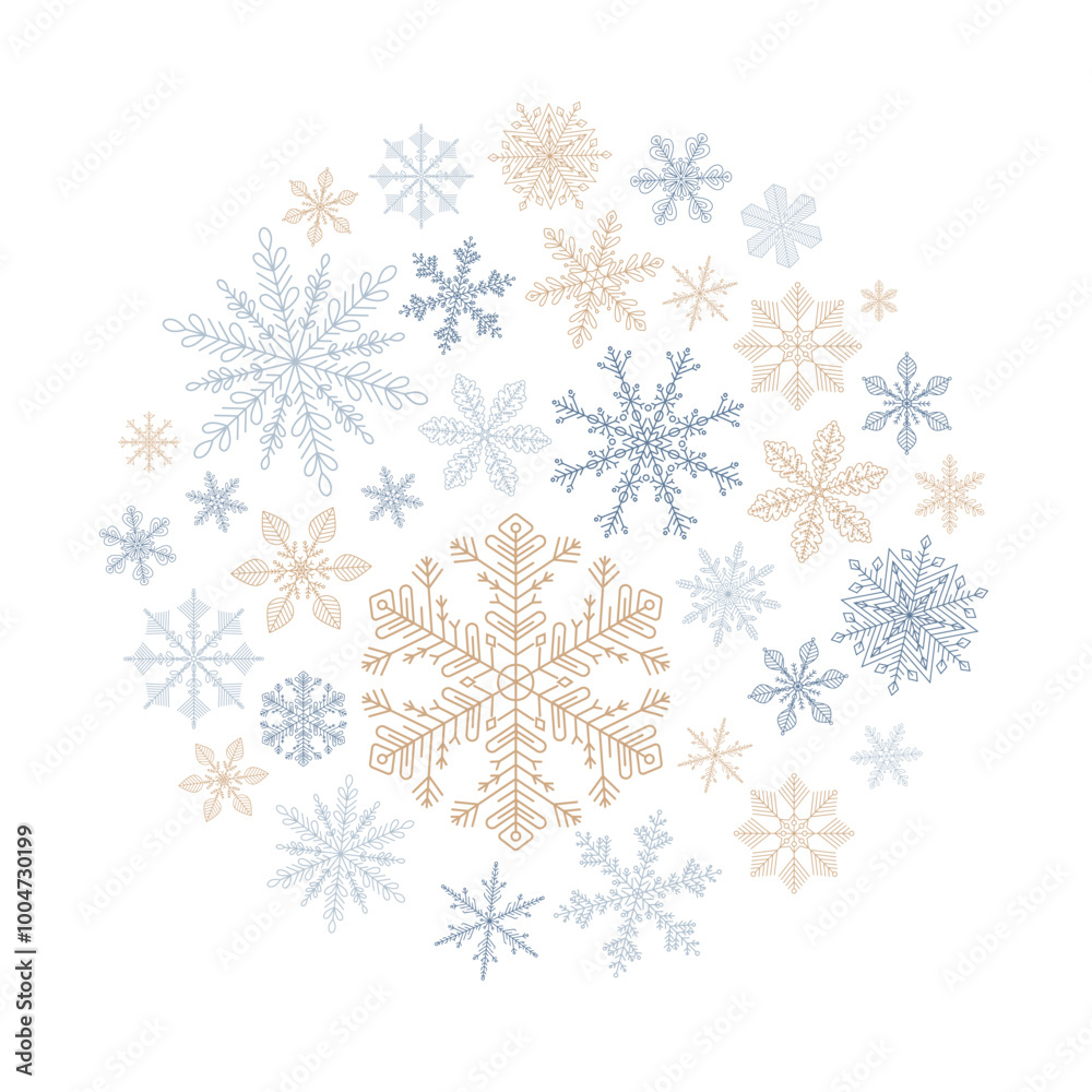 Snowflakes collection design elements vector circle isolated on white background. Set of golden and silver Snow icon symbols. Merry Christmas and happy new year ice crystal for winter greeting print Snowflakes collection design elements vector circle isolated on white background. Set of golden and silver Snow icon symbols. Merry Christmas and happy new year ice crystal for winter greeting print