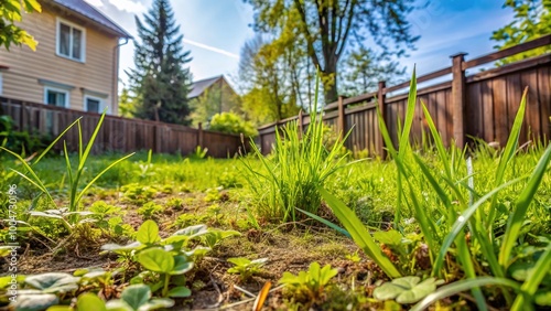Overgrown weeds sprout in every direction, outnumbering the thin blades of grass, creating a neglected and chaotic scene in a residential backyard landscape. photo