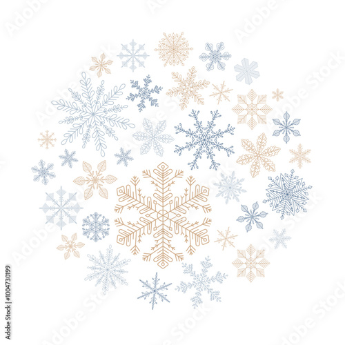 Snowflakes collection design elements vector circle isolated on white background. Set of golden and silver Snow icon symbols. Merry Christmas and happy new year ice crystal for winter greeting print