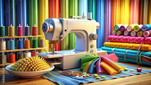 Illustration of a modern high-tech sewing machine with colorful threads and gears, surrounded by vibrant fabric swatches, scissors, and buttons in a creative workspace. photo