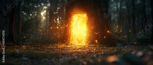 Enchanting forest scene with a glowing door in a tree, sparks flying, inviting imagination and adventure.