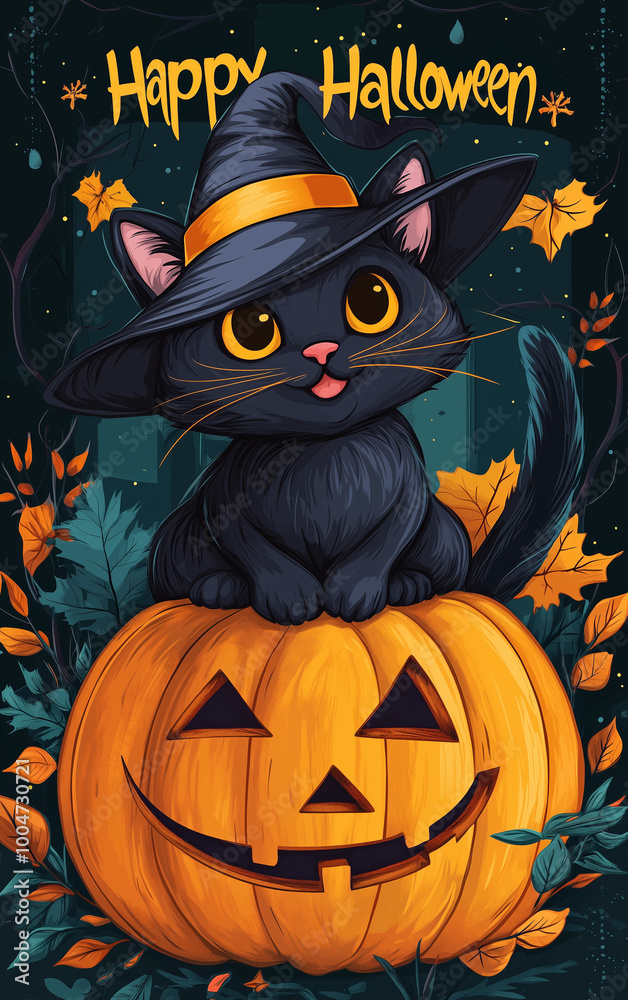 Greeting card. Happy Halloween. Cat in a hat on a pumpkin. Witch hat, pumpkin. Halloween October, autumn. Holiday traditions. Greeting card. Happy Halloween. Cat in a hat on a pumpkin. Witch hat, pumpkin. Halloween October, autumn. Holiday traditions.
