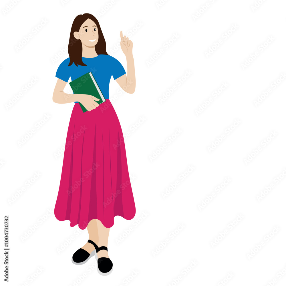 Full length girl with book in one hand, index finger of other hand raised up, isolate on white, flat style, avatar Full length girl with book in one hand, index finger of other hand raised up, isolate on white, flat style, avatar