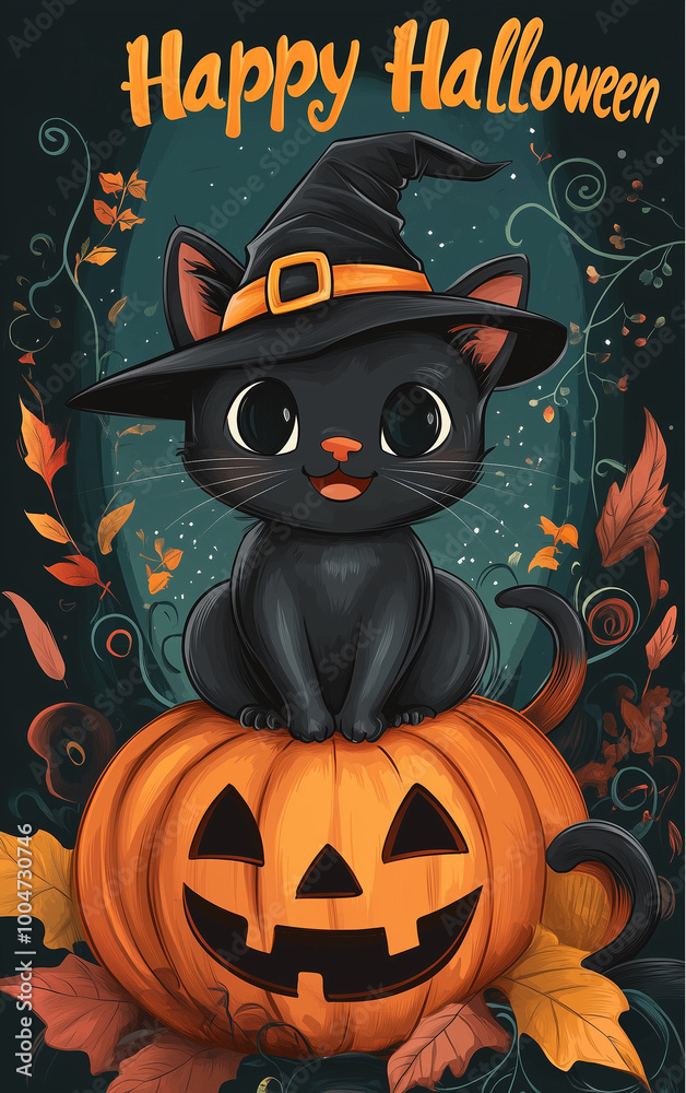 Greeting card. Happy Halloween. Cat in a hat on a pumpkin. Witch hat, pumpkin. Halloween October, autumn. Holiday traditions. Greeting card. Happy Halloween. Cat in a hat on a pumpkin. Witch hat, pumpkin. Halloween October, autumn. Holiday traditions.