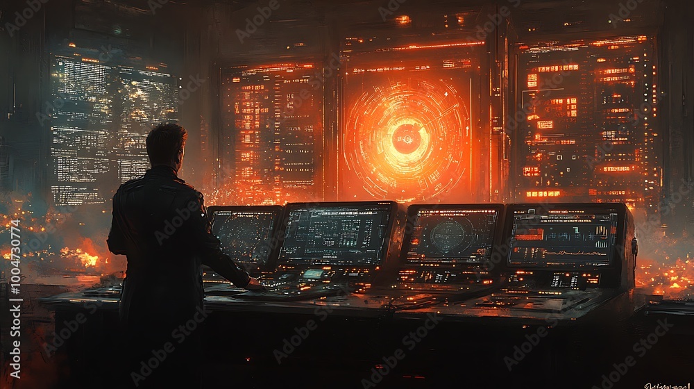 Cyberpunk Futuristic Control Room with Hacker Working at a Computer