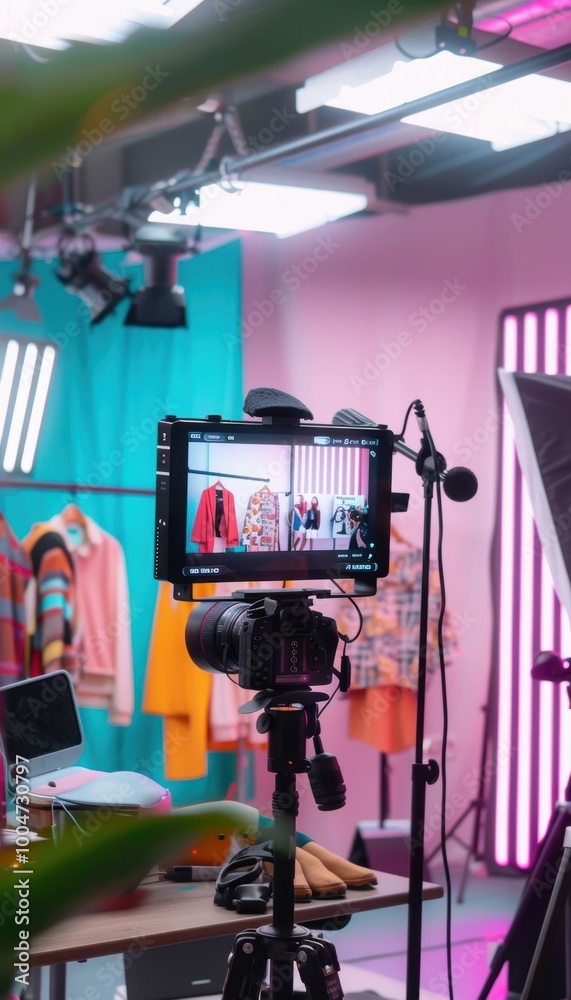 Influencer Live Streaming Tech and Fashion Haul with Neon Lights - Ideal for Online Content Creators Influencer Live Streaming Tech and Fashion Haul with Neon Lights - Ideal for Online Content Creators
