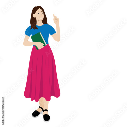 Full length girl with book in one hand, index finger of other hand raised up, isolate on white, flat style, avatar