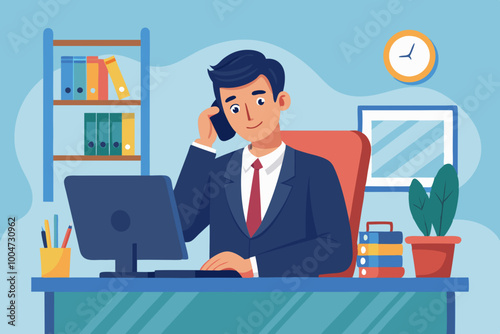 Business man, male manager on desk sitting phone talk pose stock illustration