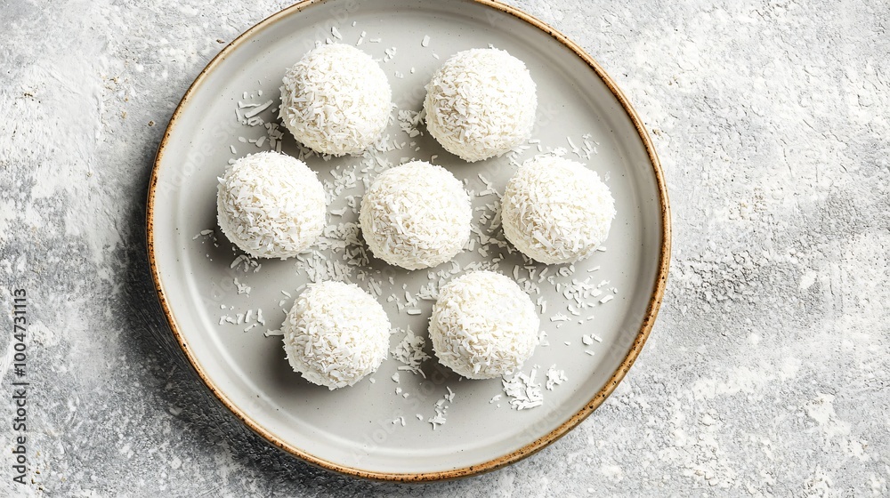 Raw coconut bliss balls dusted with desiccated coconut, arranged on a light grey ceramic plate Raw coconut bliss balls dusted with desiccated coconut, arranged on a light grey ceramic plate