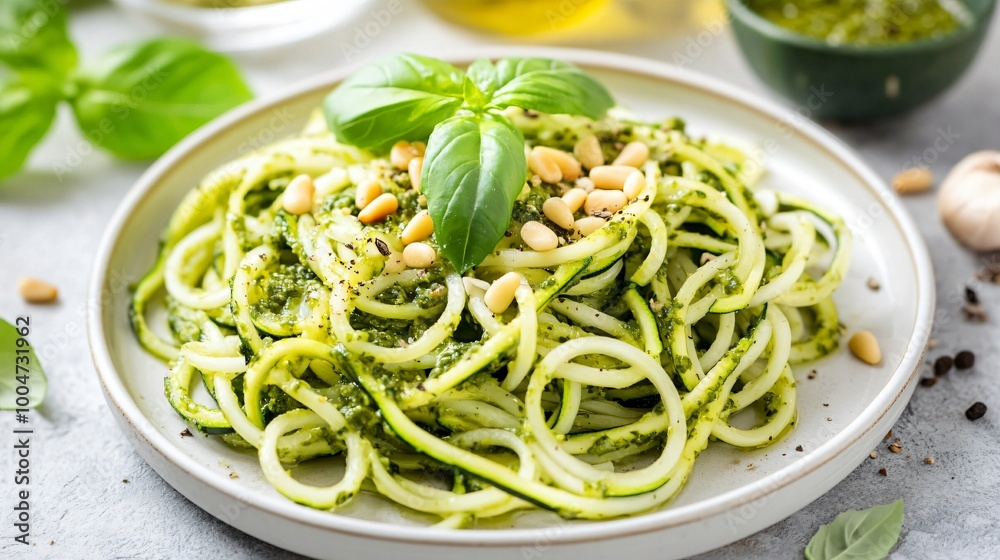 Raw zucchini spaghetti topped with fresh pesto and pine nuts on a matte white plate Raw zucchini spaghetti topped with fresh pesto and pine nuts on a matte white plate