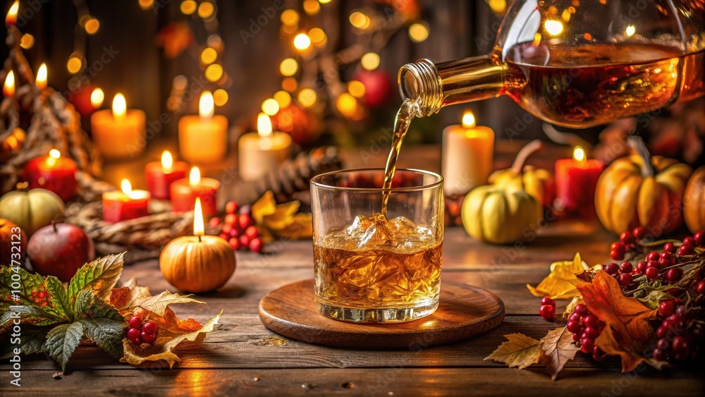 Golden whiskey pours into a glass surrounded by autumnal elements, candles, and a perfectly set Thanksgiving dinner table, evoking warmth and cozy celebration atmosphere. Golden whiskey pours into a glass surrounded by autumnal elements, candles, and a perfectly set Thanksgiving dinner table, evoking warmth and cozy celebration atmosphere.