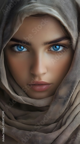 A young Middle Eastern girl with blue eyes wearing a hijab