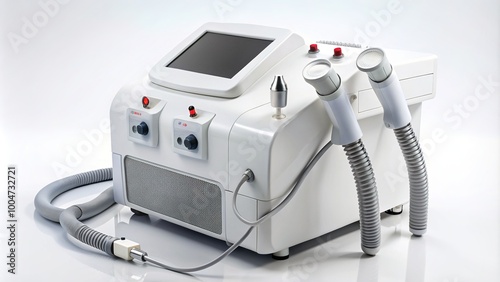 Close-up of a dermatological laser device with various attachments and settings, highlighting advanced skin rejuvenation and hair removal technology on a sleek white background. photo