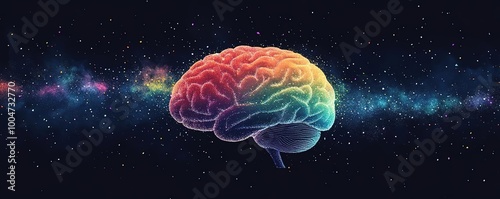 A vibrant, colorful brain in space, symbolizing creativity, imagination, and the vast potential of human thought.