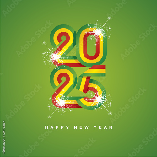 2025 New Year continuous Ethiopia ribbon. Abstract green yellow red flag of Ethiopia in the shape of 2025 logo with sparkle firework. New Year concept greeting card