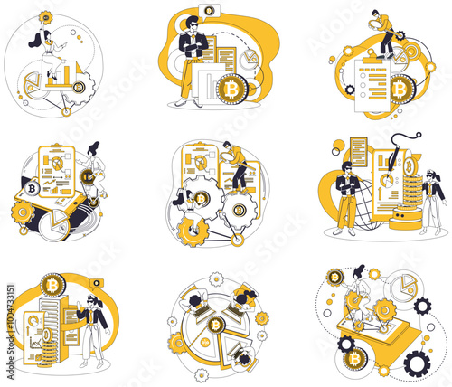 Cryptocurrency vector illustration. Currency Bitcoin, blockchain and cryptocurrency concepts financial evolution Financial, conductor, orchestrates symphony transactions in digital