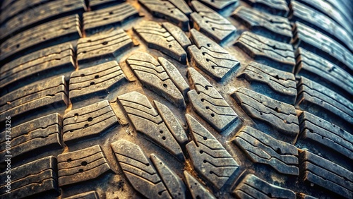 Close-up of a worn-out tire with unique tread pattern revealing a layer of soft, worn rubber with subtle texture and muted earthy tones.