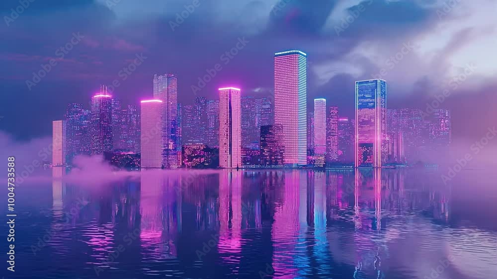 Seamless Looping Neon Cityscape Reflected on Water at Dusk Seamless Looping Neon Cityscape Reflected on Water at Dusk