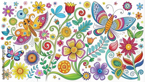 Wallpaper Mural Whimsical colorful vector doodles of flowers, butterflies, and birds create a lively and playful scene on a bright white background with swirling patterns. Torontodigital.ca