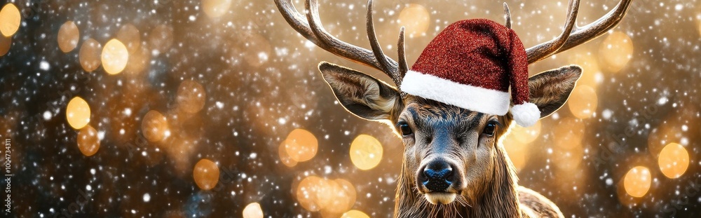 portrait of a funny reindeer in a santa claus hat for christmas or new year, banner with christmas reindeer for new year, space for text, new year card with deer