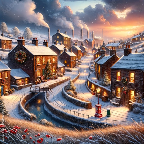 A snow-covered village is depicted with warm lights glowing from the homes and smoke rising from the chimneys at dusk. A winding canal and cobblestone paths add to the charm, Gen, A.I.) photo