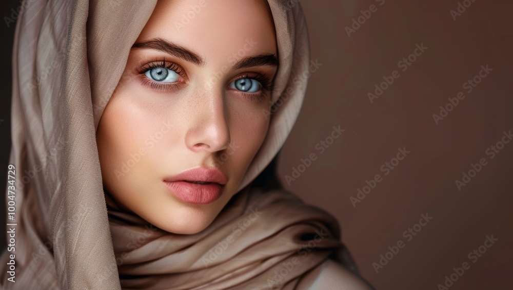 Portrait of a glowing beautiful muslim woman isolated against brown studio background. Young woman wearing a hijab. Middle eastern Portrait of a glowing beautiful muslim woman isolated against brown studio background. Young woman wearing a hijab. Middle eastern