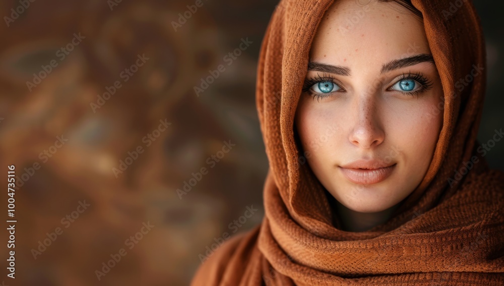 Portrait of a glowing beautiful muslim woman isolated against brown studio background. Young woman wearing a hijab. Middle eastern Portrait of a glowing beautiful muslim woman isolated against brown studio background. Young woman wearing a hijab. Middle eastern